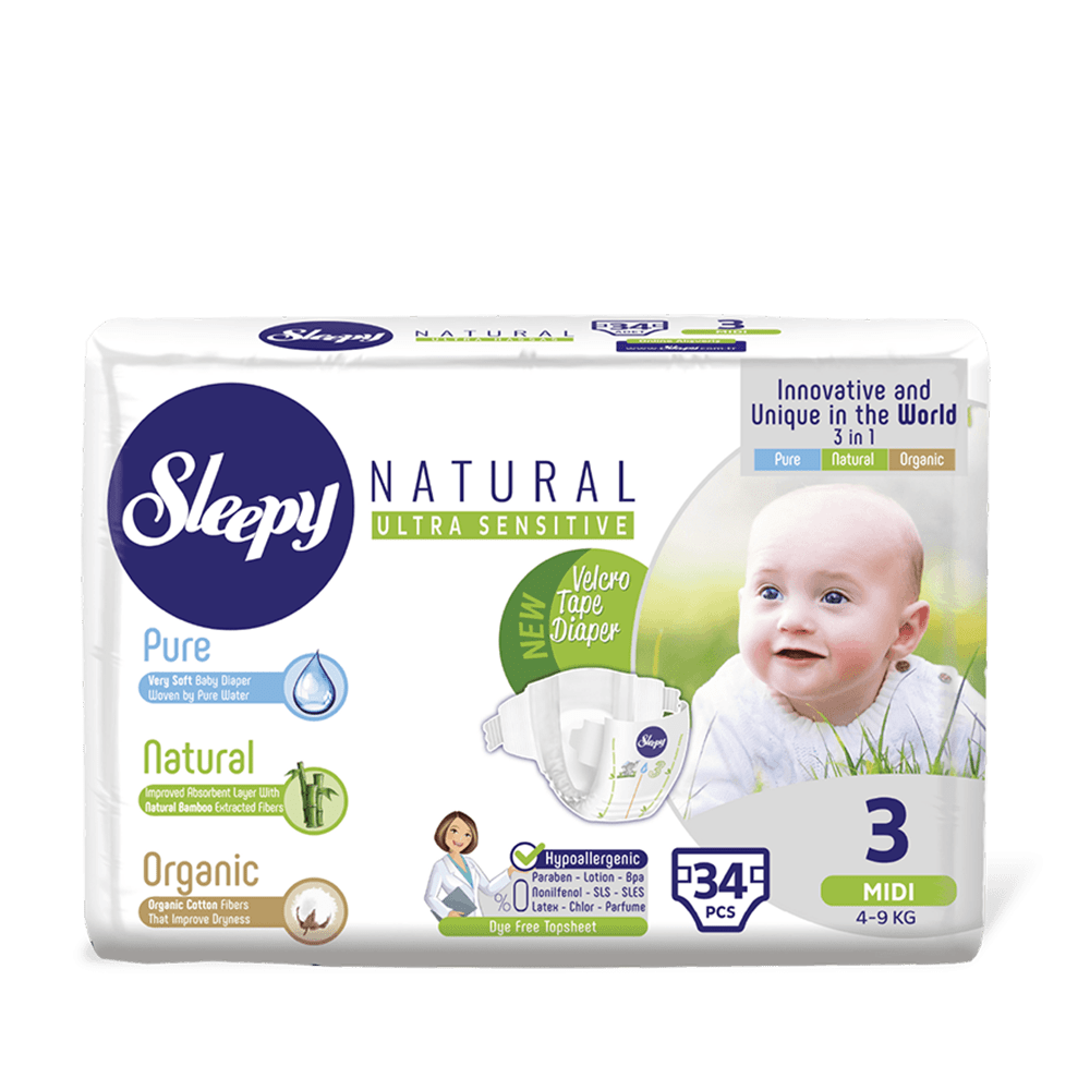 Size 3 Midi Sleepy Natural Baby Nappy 34pcs Made from Organic Cotton and Bamboo Extract for Ultimate Comfort 